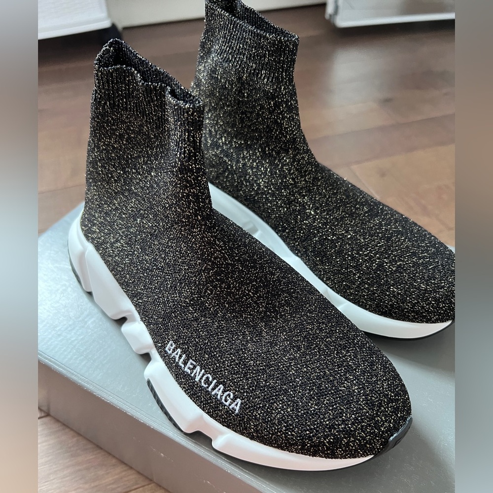 Balenciaga Black and Gold Knit Sneakers